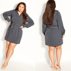 NWT City Chic Smoke Grey Button Front Tie Waist Shirt Dress 14
